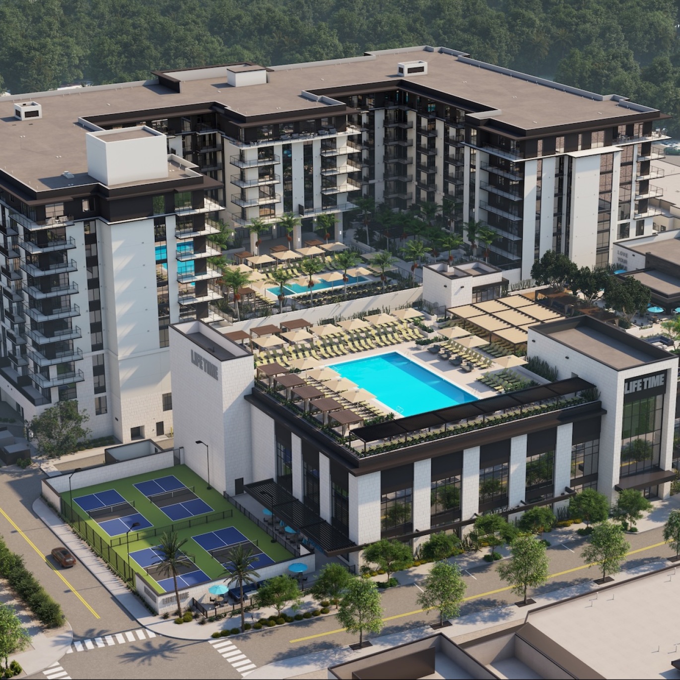 aerial view of buildings and rooftop pool